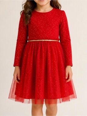 Hanna Andersson Girl 6-7 Red Gold Foil Star Moon Tulle Long Sleeve Dress